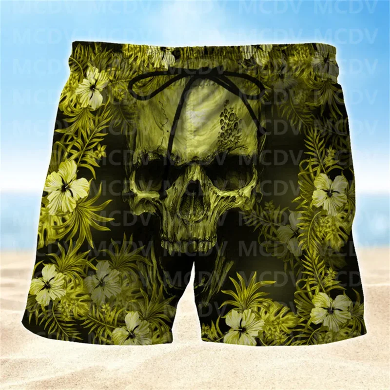 Black Melting Skull Skull Short Lover Men's Swim Trunks, Skull Lover Hawaiian Shorts for Men