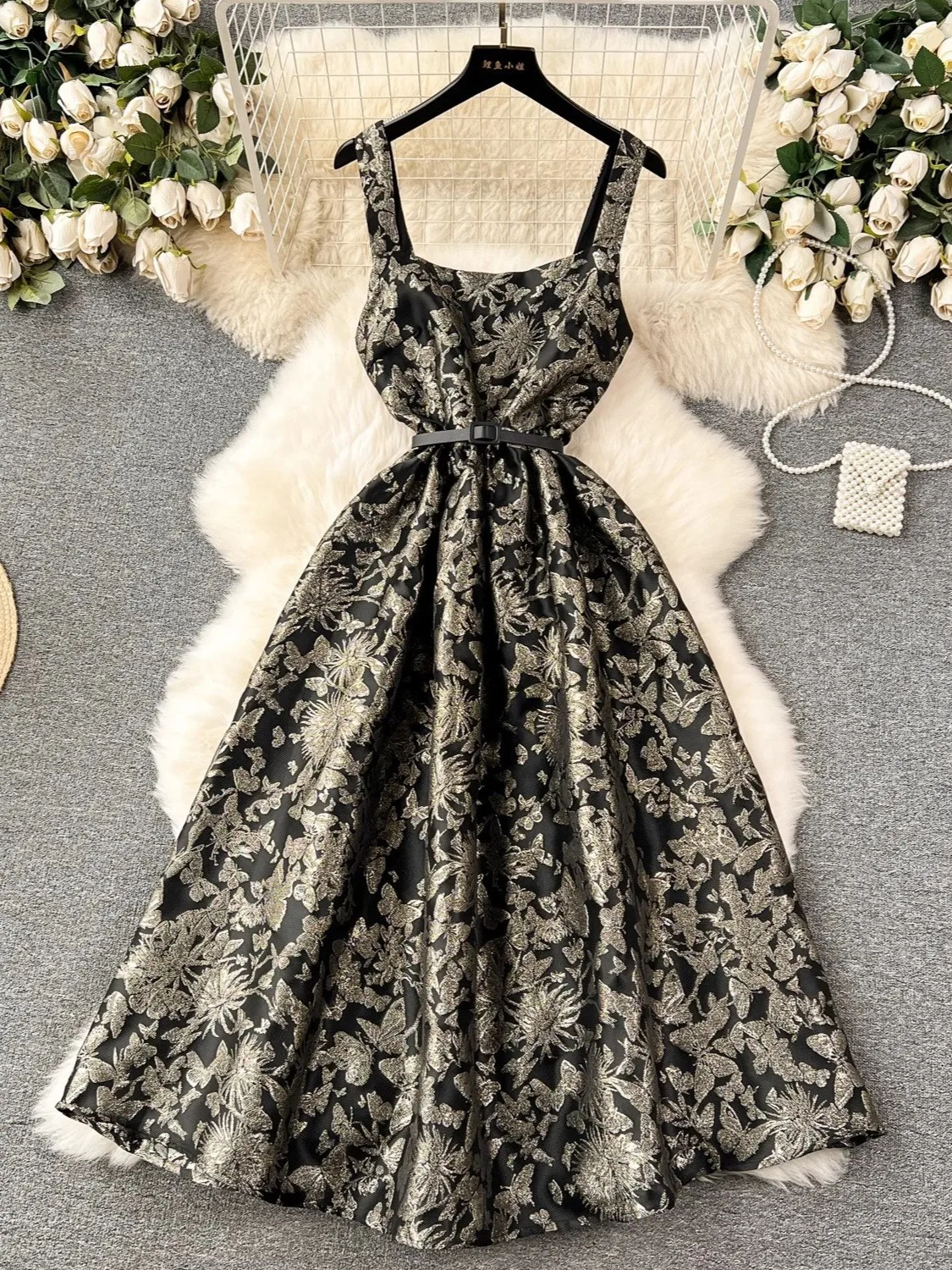 Luxury Black Jacquard Dress Bodycon with Belt Square Neck Elegant Womens Dresses Evening Party Sleeveless Summer Vestidos