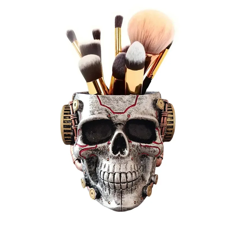 Halloween Cyberpunk Style Mechanical Skull Resin Craft Pen Holder Makeup Brush Barrel Desktop Decoration Ornaments