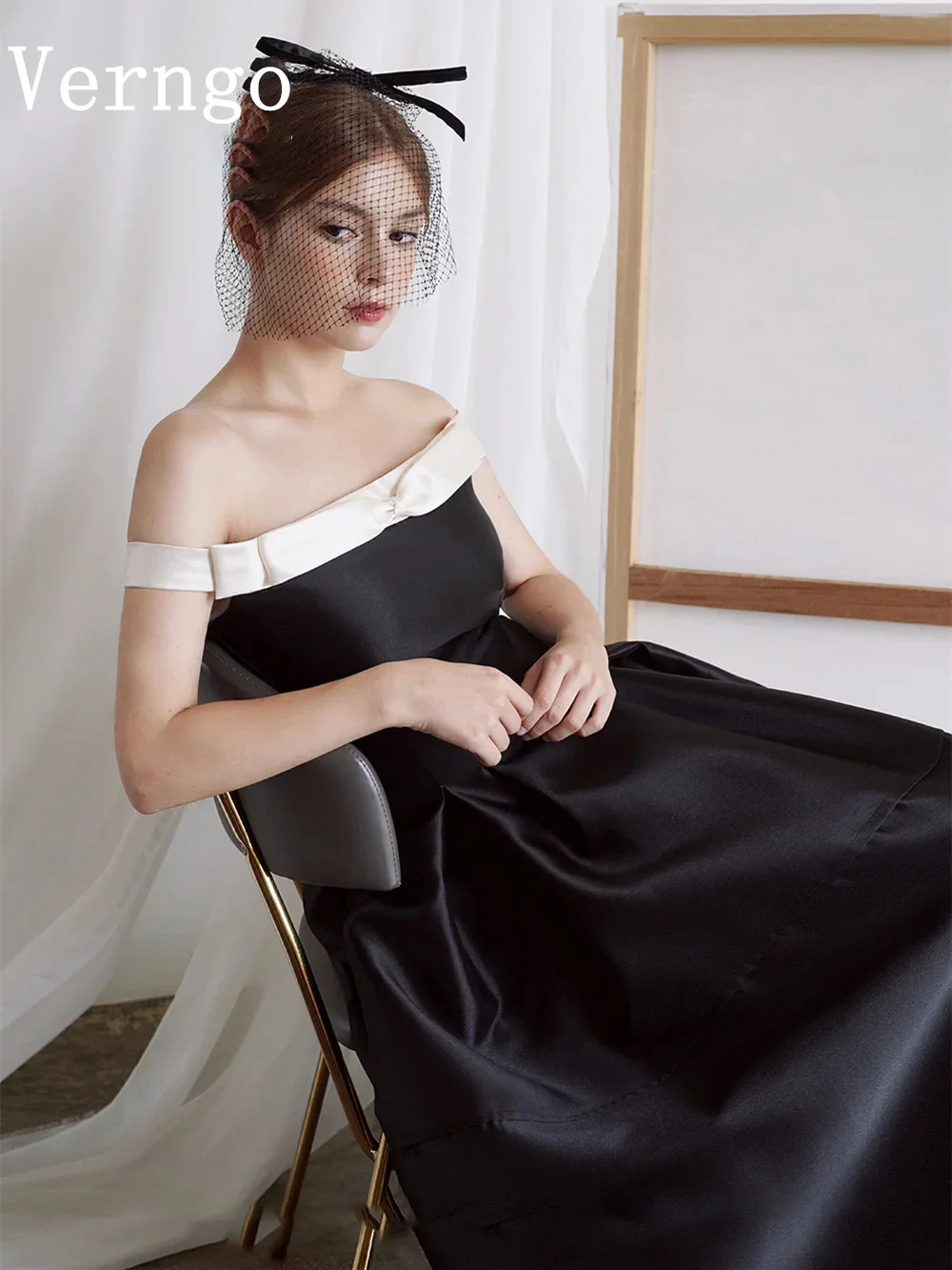 Verngo Black Satin Prom Gown Off The Shoulder A Line Party Dress For Women Simple Contrast Color Prom Dress Korea Evening Dress