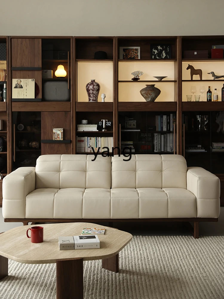 LMMblack walnut all-solid wood sofa Italian minimalist leather sofa first layer cowhide small apartment