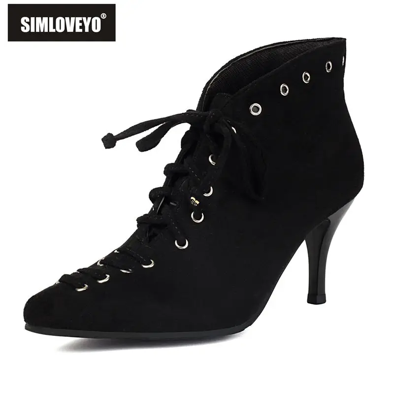 

SIMLOVEYO 2025: плюшевые замшевые женские ботильоны с острым носком, тонкие каблуки 8,5 см, большие размеры на шнуровке 41 42 43 для офисных модных студентов