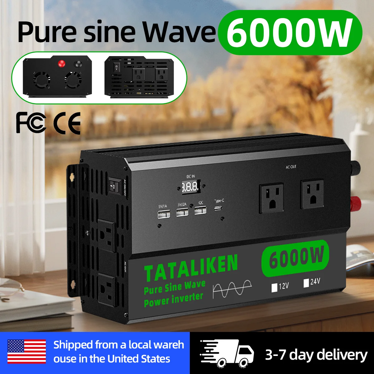 6000W Pure Sine Wave Inverter 110V, Heavy Duty Converter 4 Outlets with LCD Display & Temperature-Controlled Fan