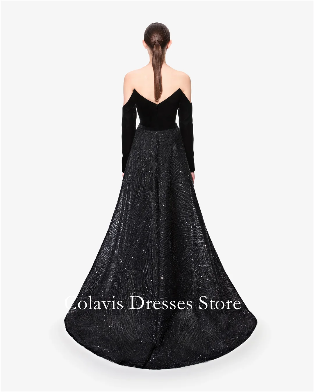 Colavis Fashion Off-Shoulder Customized 2024 New Women's Maxi  Prom Dress Long Sleeve Black Velvet Celebrity A-Line Party Dress