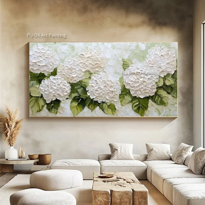 Original Hand‑Painted Hydrangea Floral Canvas Art, Heavy Texture Botanical Oil Painting, Neutral Cottage Living Room Wall Decor