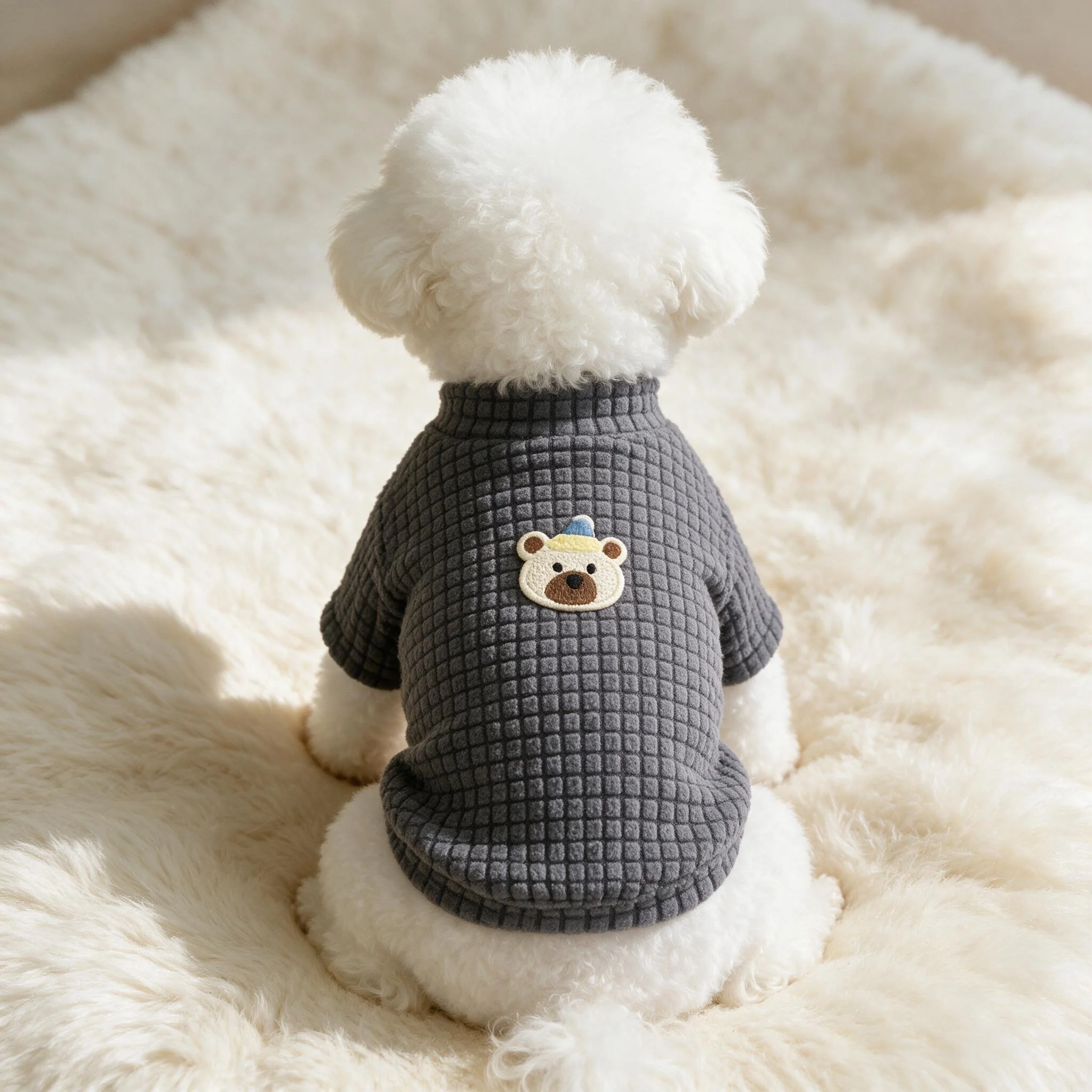 Small Dog Waffle Knit T-Shirt, Sleepy Bear Embroidery Mock Neck Pet Top, Soft Spring Fall Clothes for Tiny Puppies Bichon Teddy