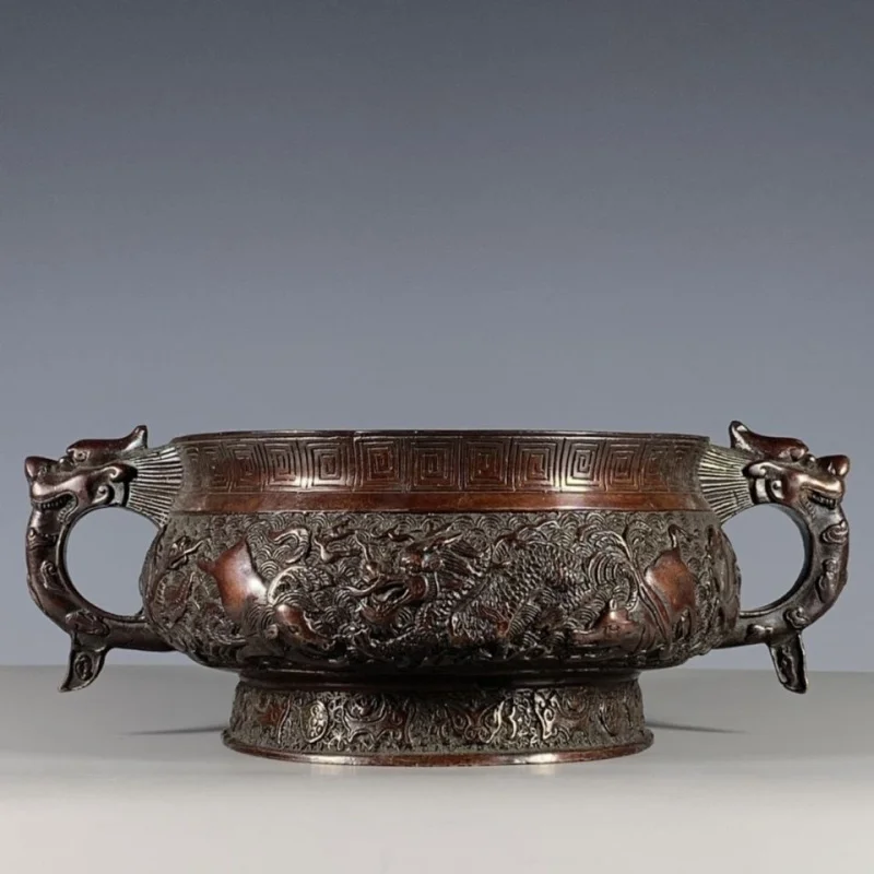 

Vintage Ming Dynasty Xuande Year Pure Brass Relief Dragon Pattern Chilong Ear Incense Burner Incense Holder Coil Incense Burner