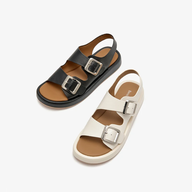 BEAUTODAY Fashion Sandals Genuine Sheepskin Metal Buckle Solid Color Back Strap Summer 2023 Women Ladies Shoes Handmade 34555