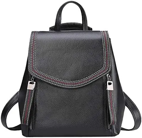 

Women\u2019s Genuine Leather Backpack Casual Style Flap Backpacks Daypack for Ladies (Black)