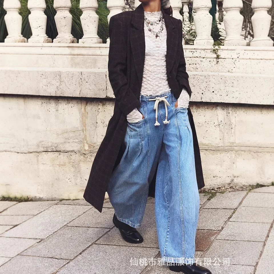 Women's New Spring Fashion Drawstring Low-rise Denim Straight Leg Pants. Casual, Vintage Loose and Comfortable Tube Jeans Women