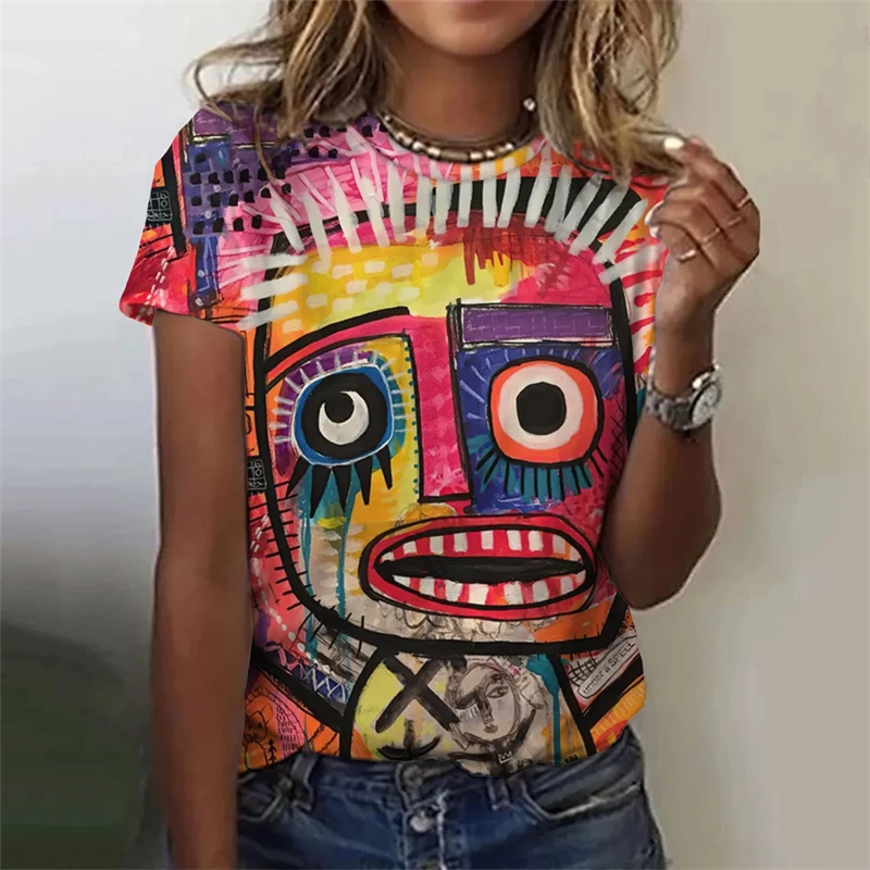 Abstract Women's T-Shirt 3D Abstraction Face Printed Tops Casual Harajuku Round Neck Short Sleeve Summer Loose T Shirt For Women