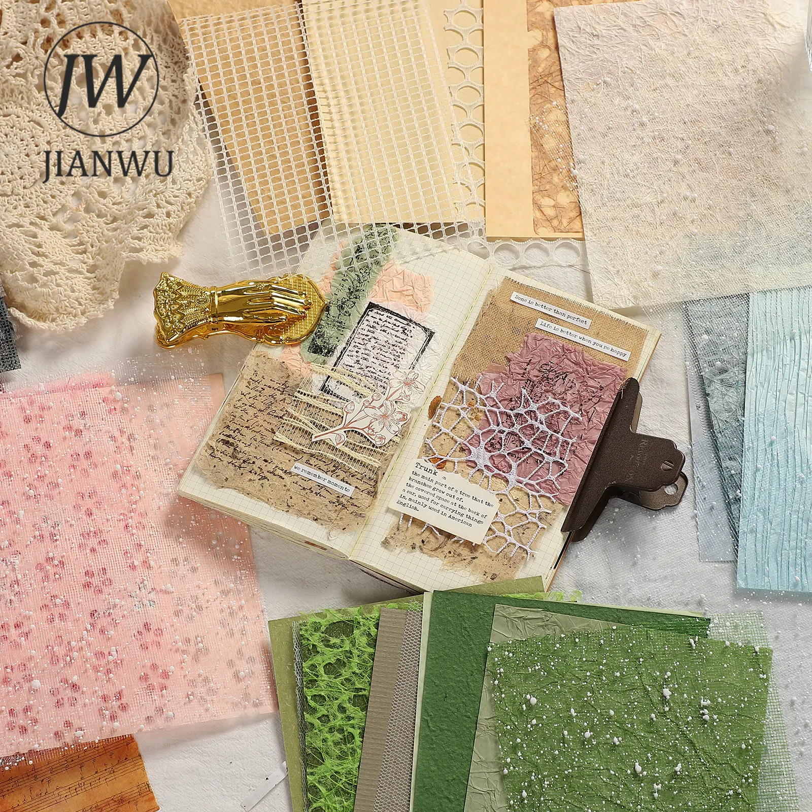 JIANWU 10 Sheets A5 Gauze Mesh Hollow Mixed Special Material Paper Journal Memo Pad DIY Scrapbooking Decoration Paper Stationery