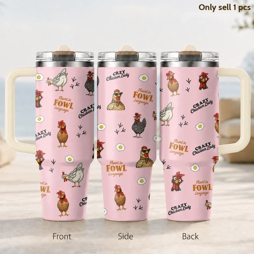 Crazy Chicken Lady Pattern Vacuum Flasks 40oz 3rd Gen Vacuum Insulated Stainless Steel Tumbler Cup With Handle Straw Lid