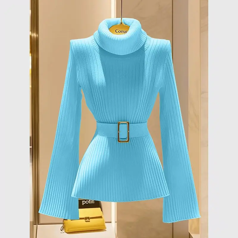 New High End Luxury Winter Warm Sweater Women Cashmere Knitted Turtleneck Long Sleeve Pullover Elegant Tops Knitwear With Belt