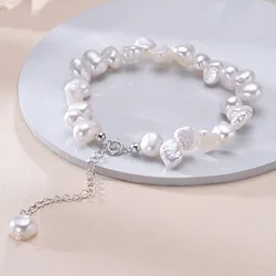 HENGSHENG 925 Sterling Silver Freshwater 6-7mm Interleaved Baroque White Pearls Bracelet Fine Jewelry Gifts for Women Girls