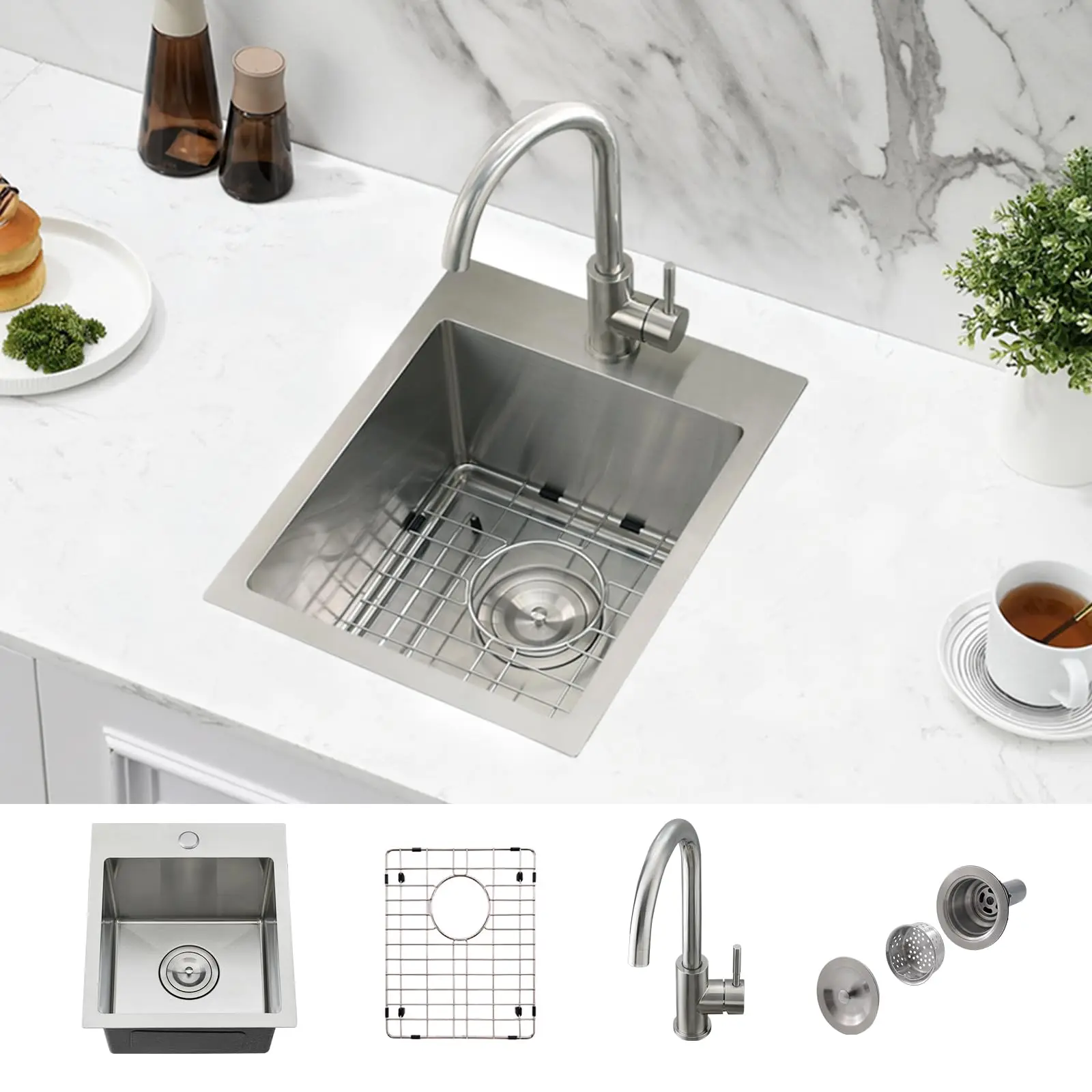 

Stainless Steel Drop-In Bar Sink With Faucet 13x15 Single Bowl Wet Bar Kitchen Sink