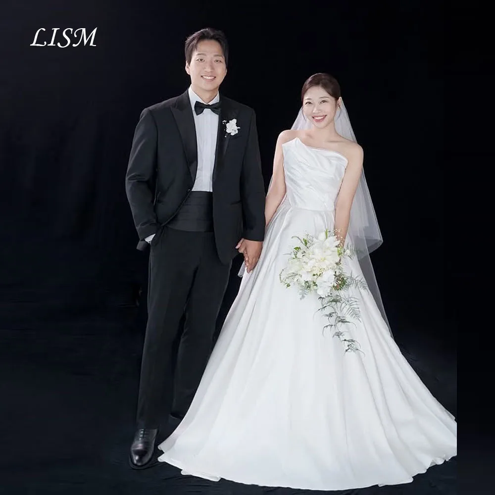 LISM Simple Strapless A-Line Korea Wedding Dresses Floor Length Bridal Gowns Silk Satin Customized Photo Shoot 웨딩드레스
