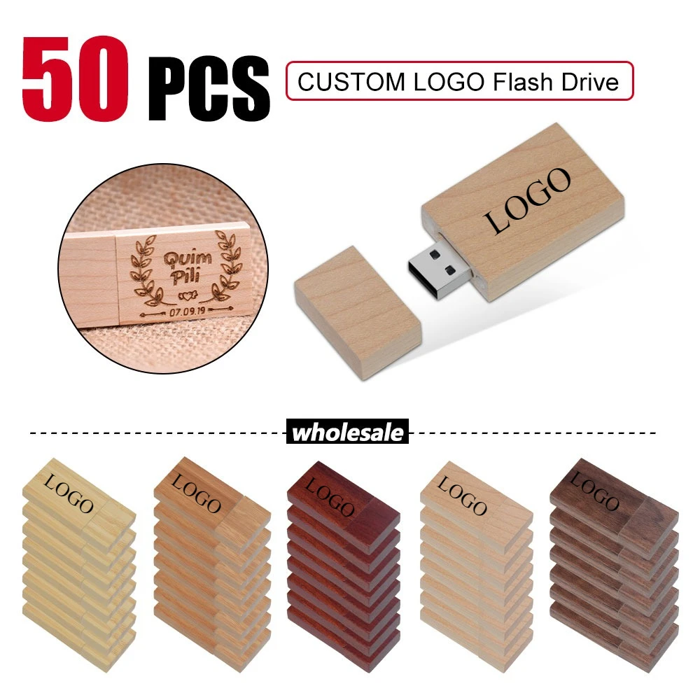 50PCS/LOT Wooden USB 2.0 Flash Drive Red Wood Pendrive 64GB 16GB 32GB 4GB Creativo U Disk Memory Stick Wedding Gift Custom Logo