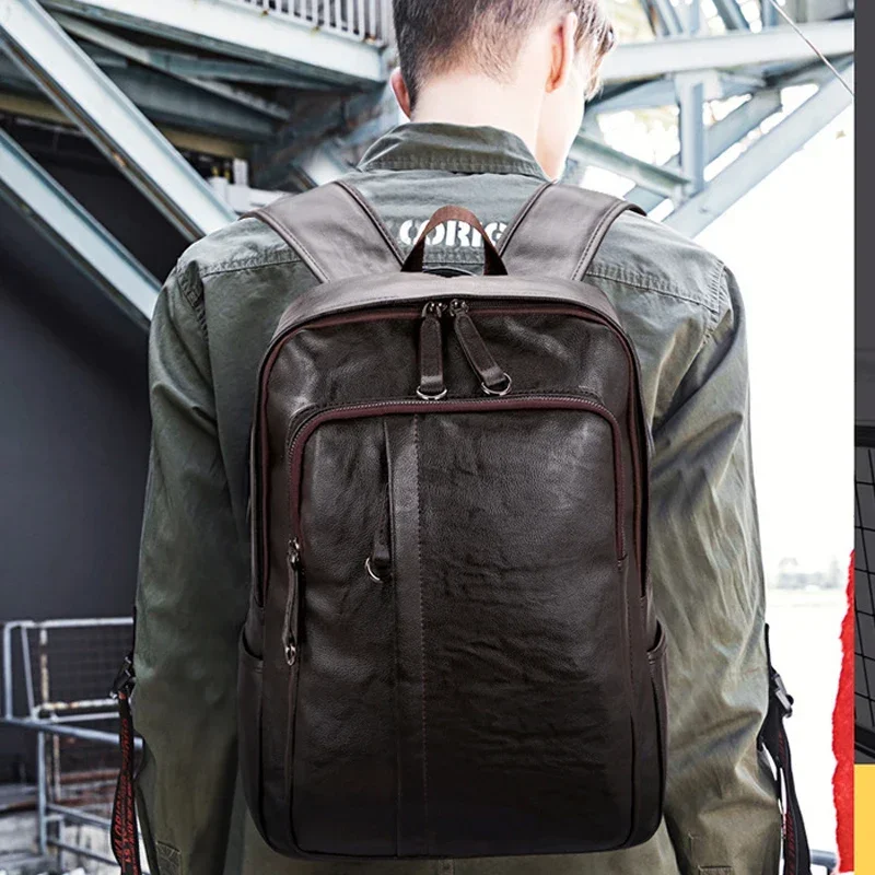 New Leather Backpack Men Leisure Soft GeneralTeenager Male Large Capacity Laptop Backpack High Quality Students Travel Bag