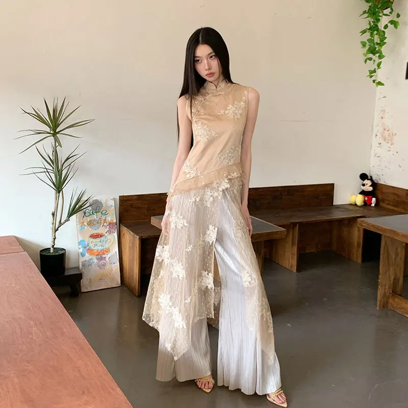 New Chinese Style Slit Irregular Cheongsam Dress Loose Pleated Wide-Leg Pants Long Pants Mesh Flower Embroidery Elegant Tops