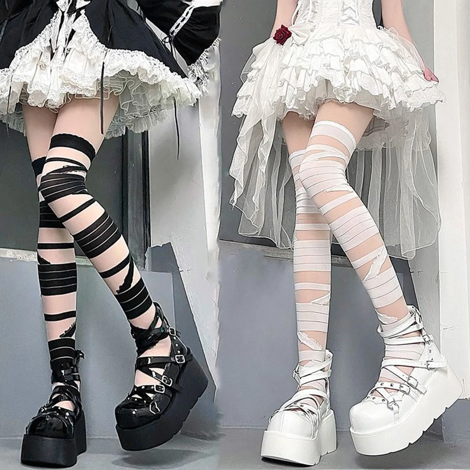 Stockings Women Thin Lolita Cute Girl Black Thigh High Socks Cross Bandage White Over the Knee Stockings