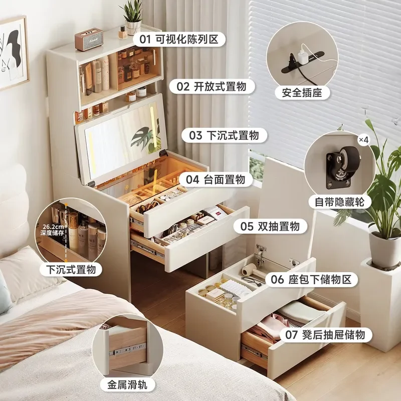 Solid Wood Dresser Small Bedroom Modern Flip Top Vanity Table Compact Nightstand with Storage Space Saving Furniture for