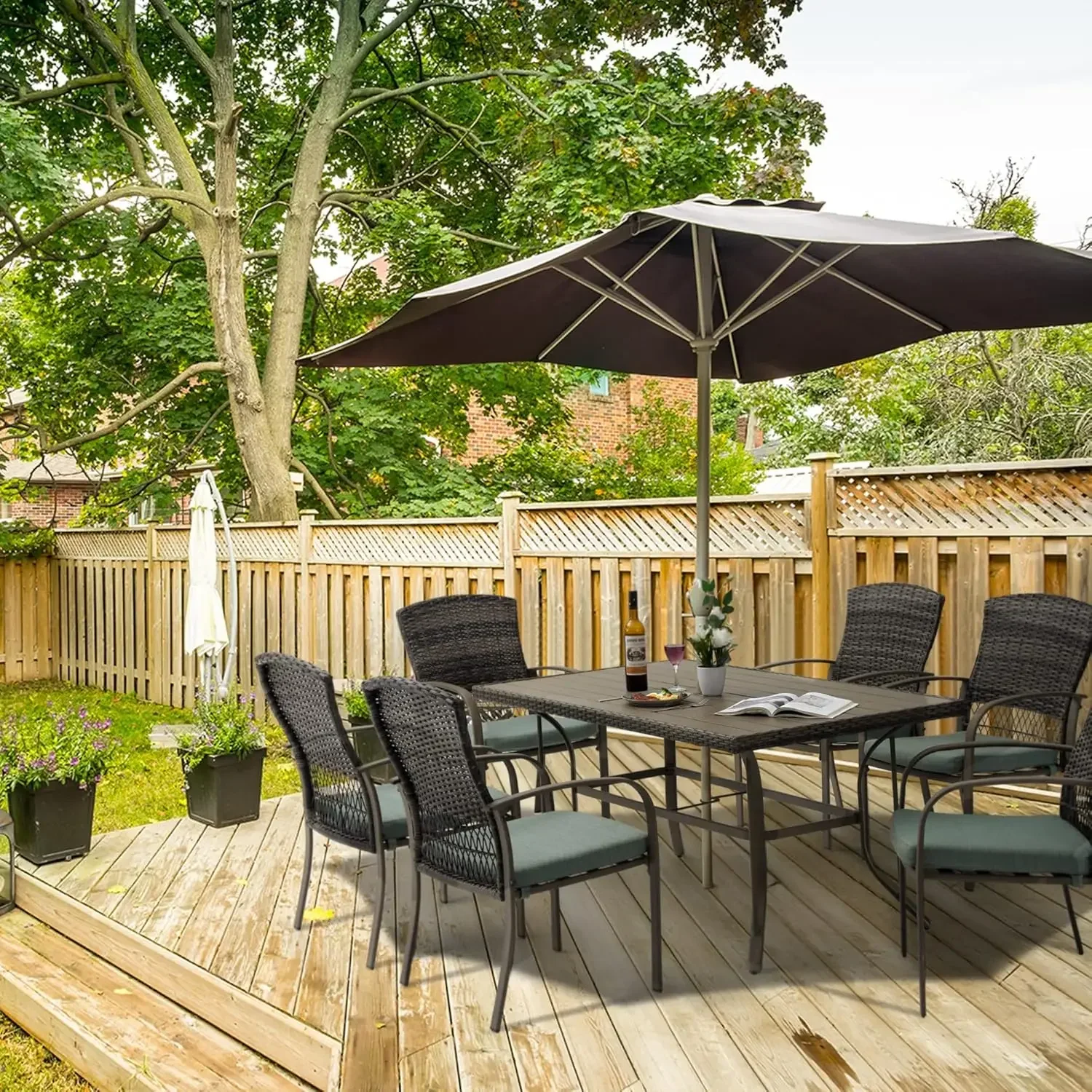 Ensemble de table et chaise, meubles de salle à manger avec perfect, tous temps, jardin, pelouse, WUNICEF, vert, 6,7 pièces