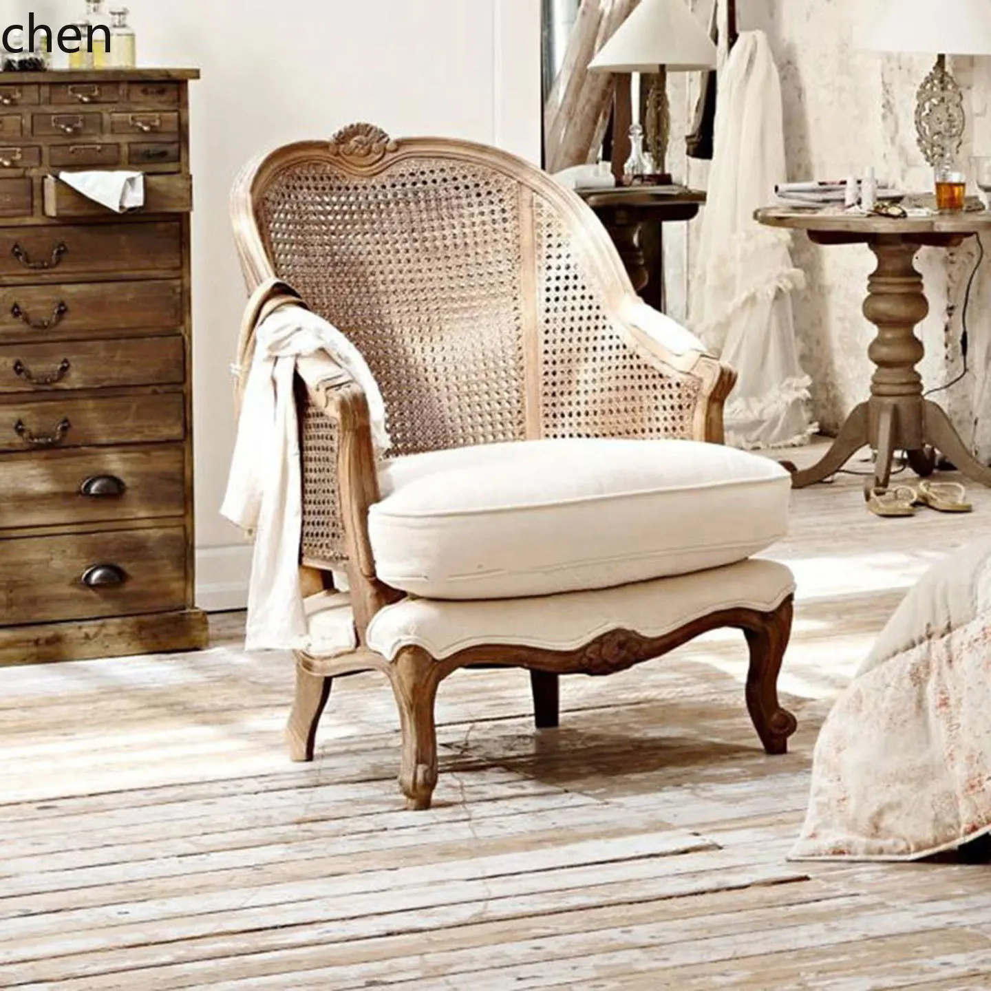

LXC solid wood braided rattan sofa chair retro old living room balcony single studio design sofa