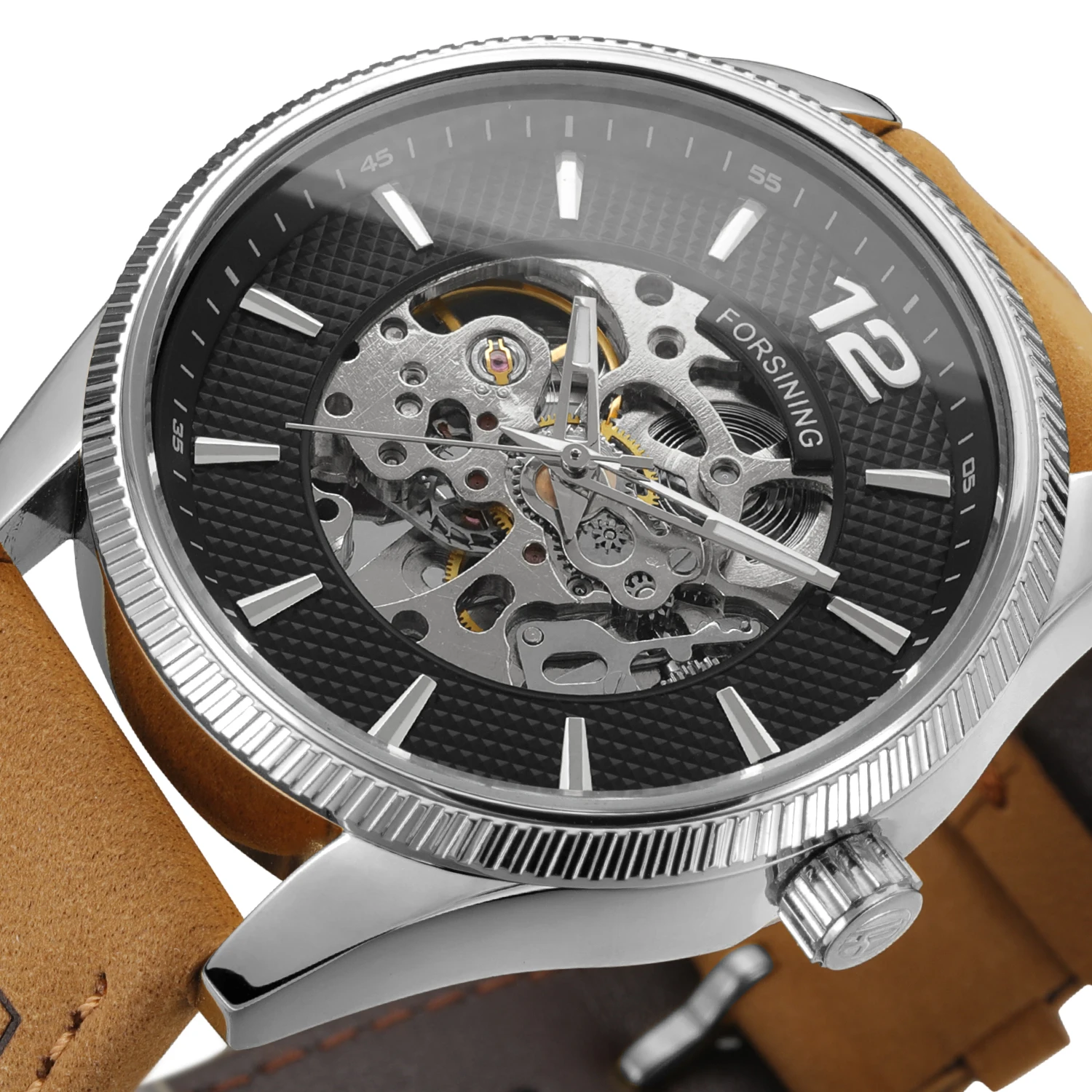 FORSINING الراقية الفاخرة عارضة أزياء الرجل الأزرق الساعات الصلب الهيكل العظمي الميكانيكية ووتش الحركة التلقائية ساعة يد جلدية