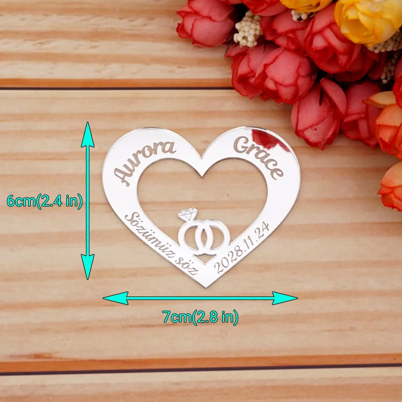 6*7cm Custom Wedding Party Sign Personalized Acrylic Mirror Heart Tags with Alliance Wedding Signs Party Favors Guest Gifts