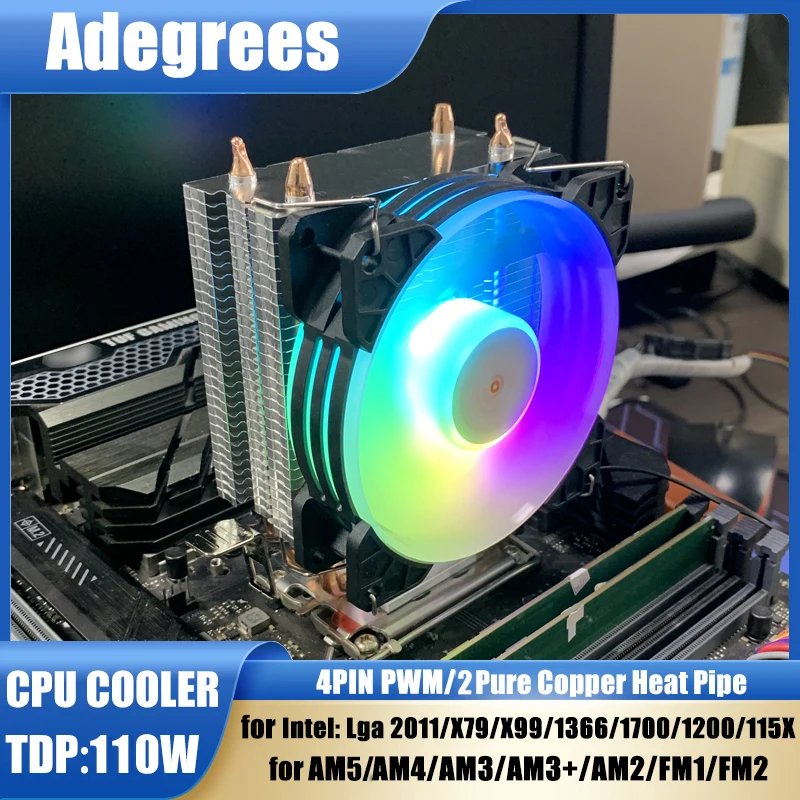 Enfriador de CPU con 2 Tubos de Calor, Ventilador de Refrigeración ARGB de 5V-3PIN para Intel 775 2011 1700 1200 1150 1155 1156 1366 X79 X99 AMD AM2 AM3 AM5
