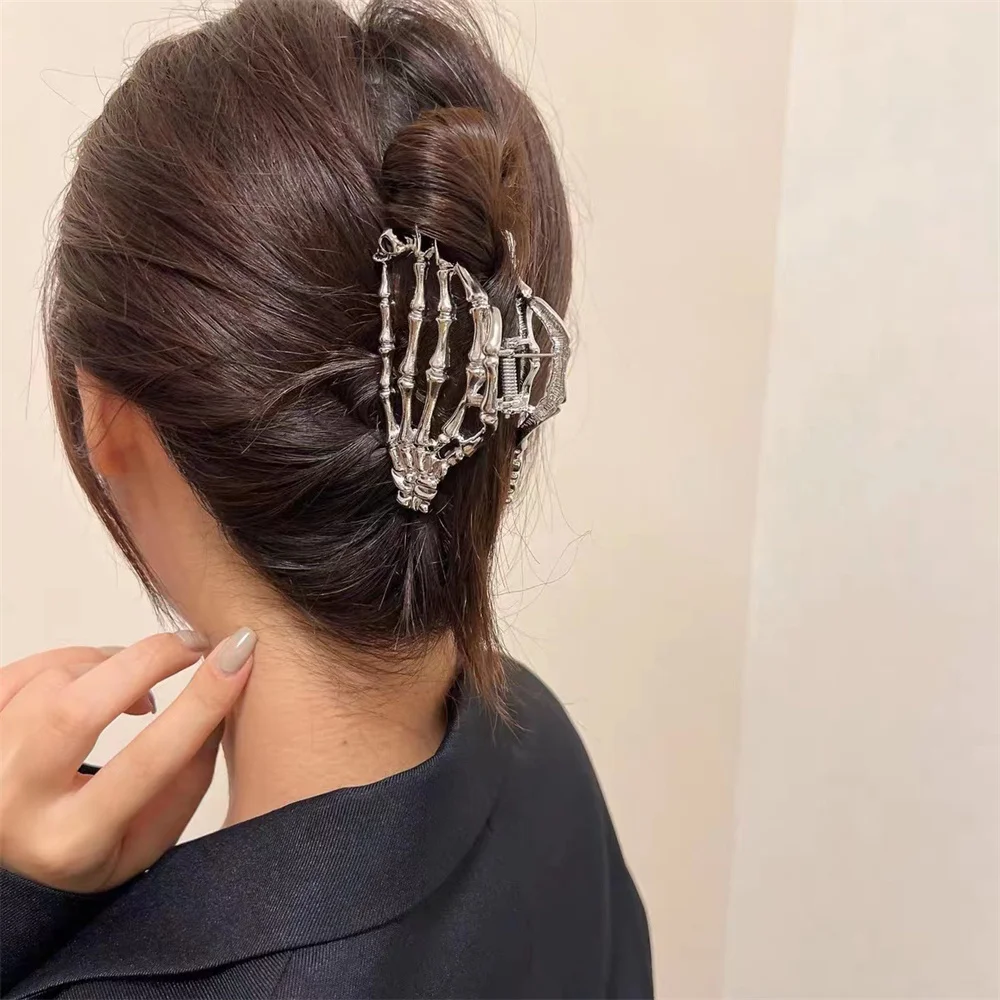 Punk Bright Silver Cross Geometric Hairpin Skeletal Claw Grab Clip Ghost Style Hair Claw Women Girls Styling Barrette Headdress