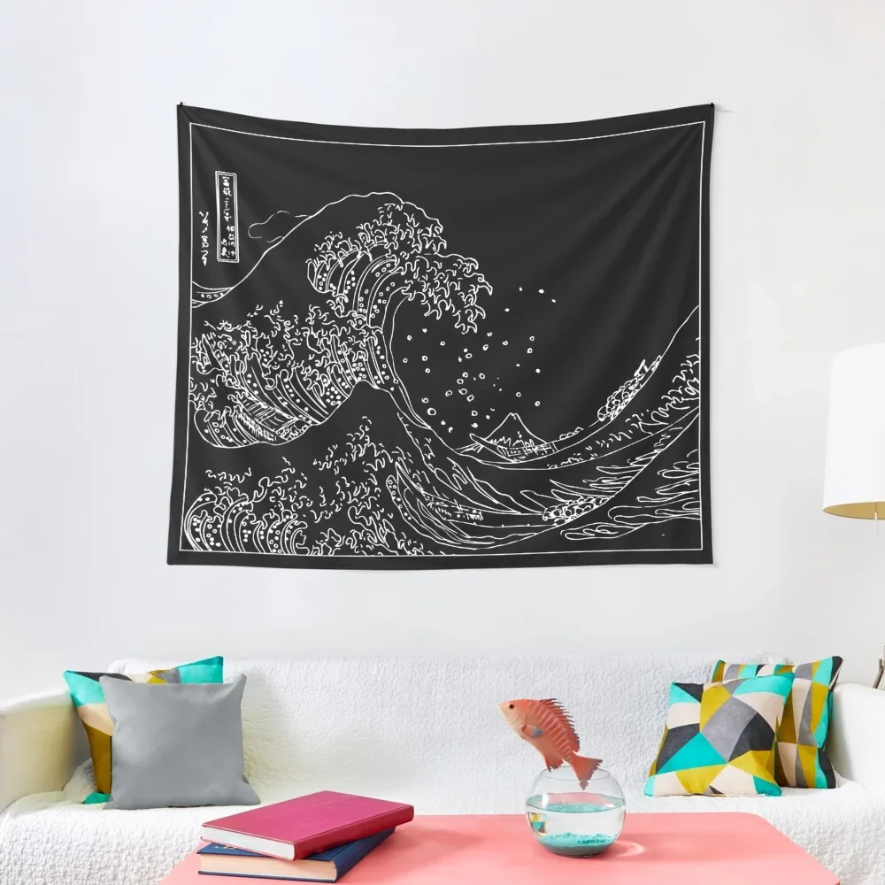 

Great Wave Outline Black and White Tapestry Anime Decor Bedroom Organization And Decoration Wallpaper Bedroom Tapestry