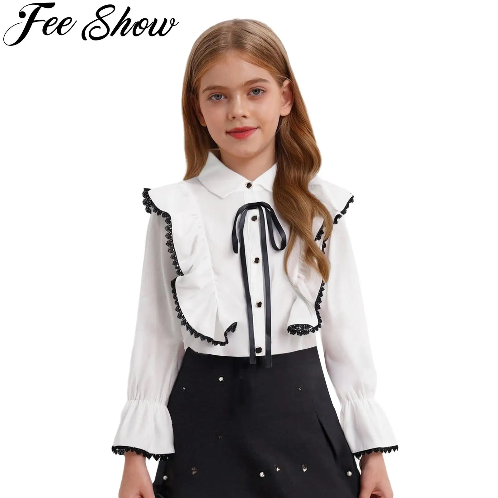 

Kids Girls White Blouse Cute Bowknot Lace Trim Ruffles Shirt Long Sleeves Button Shirts Top for School Birthday Party Wedding