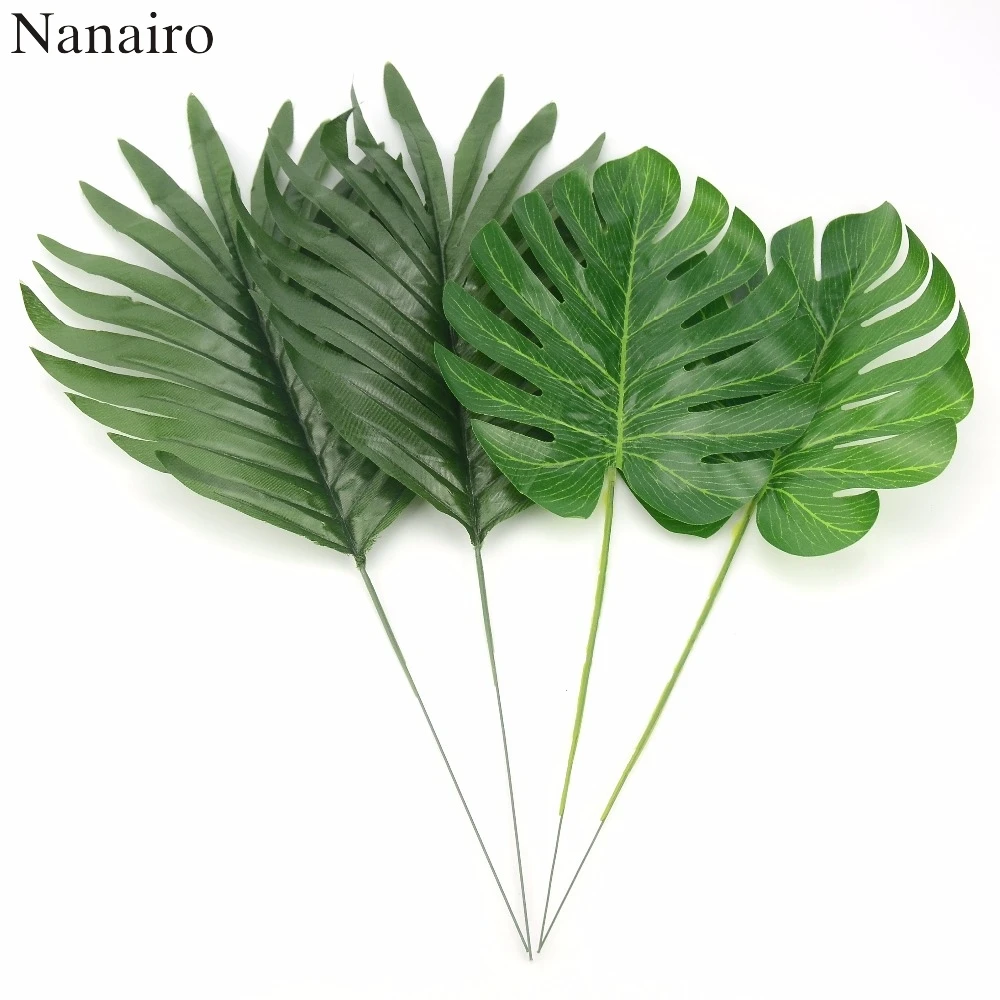 6Pcs 2Kind Large Artificial Fake Monstera Palm Tree Leaves Green Plastic Leaf Wedding DIY Decoration Cheap Flowers Leaves Plant