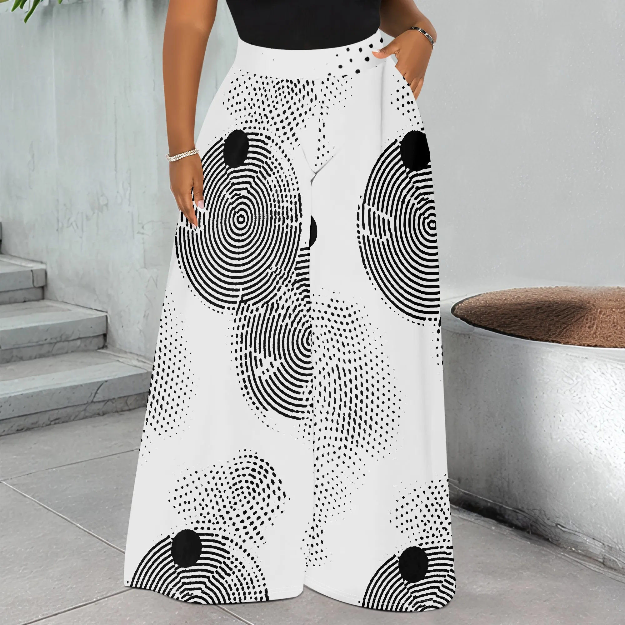 

Geometric Print Wide Leg Pants, Abstract Circle Trousers, Dotted Pattern Bottoms, High Waist Loose Fit for Women, S-2XL