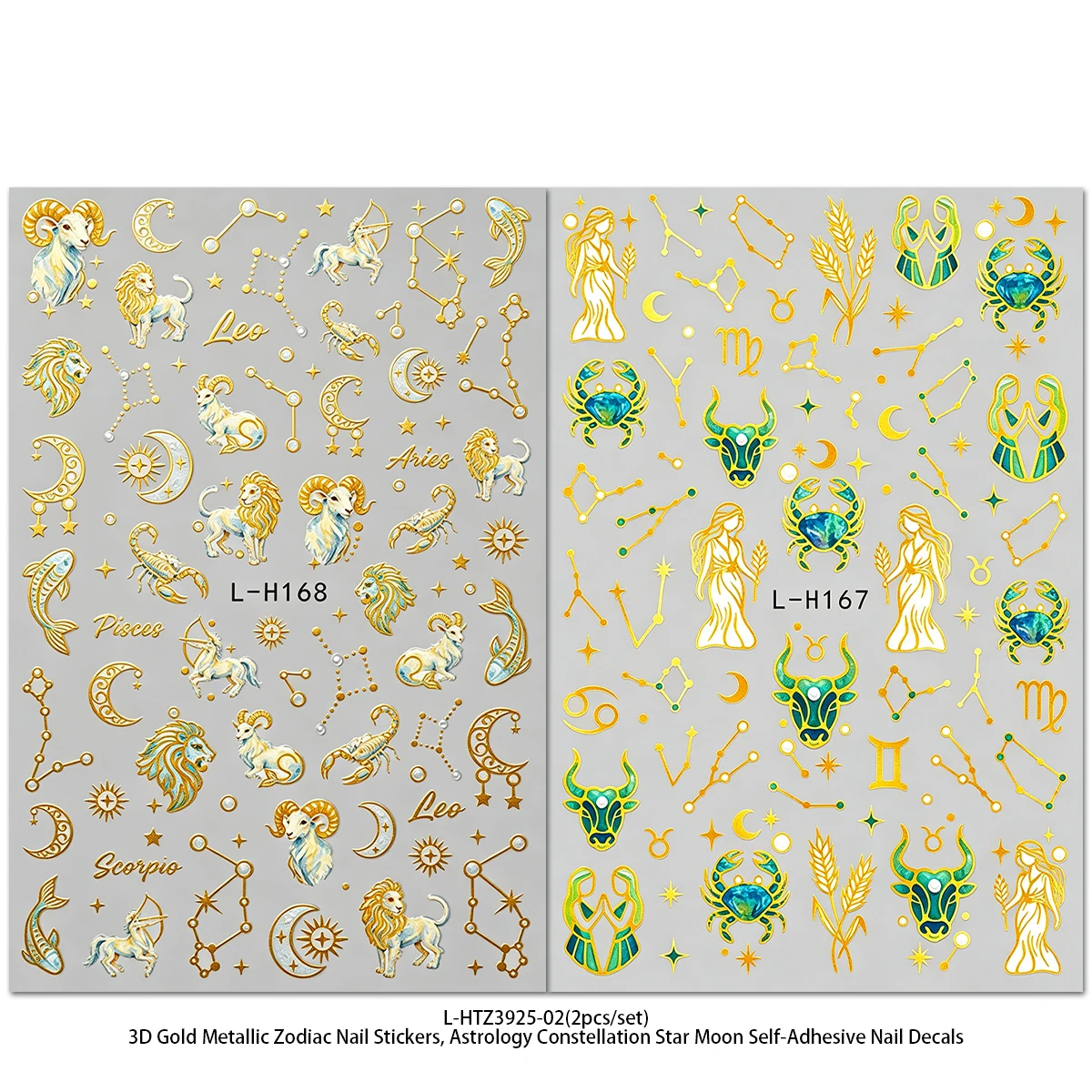 2-Pack 3D Hot Stamping Nail Decoration stickers with Twelve Zodiac Signs and Starry Sky Patterns, Gold Light Luxury Style