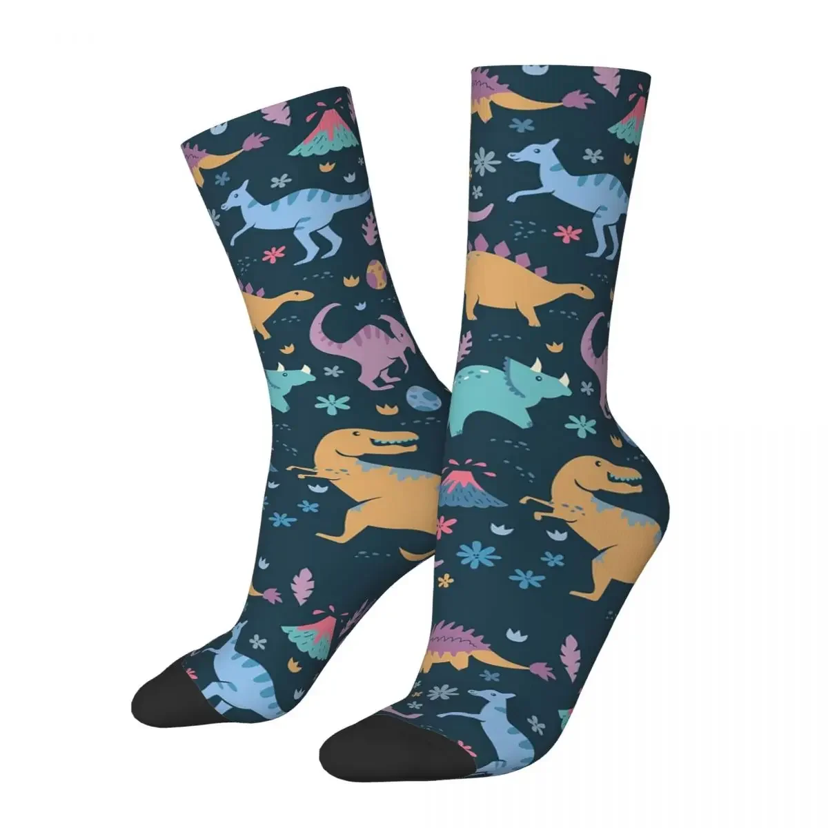 

Dinosaur Pattern With Flowers And Volcanoes Socks Harajuku Sweat Absorbing Stockings All Season Long Socks Accessories