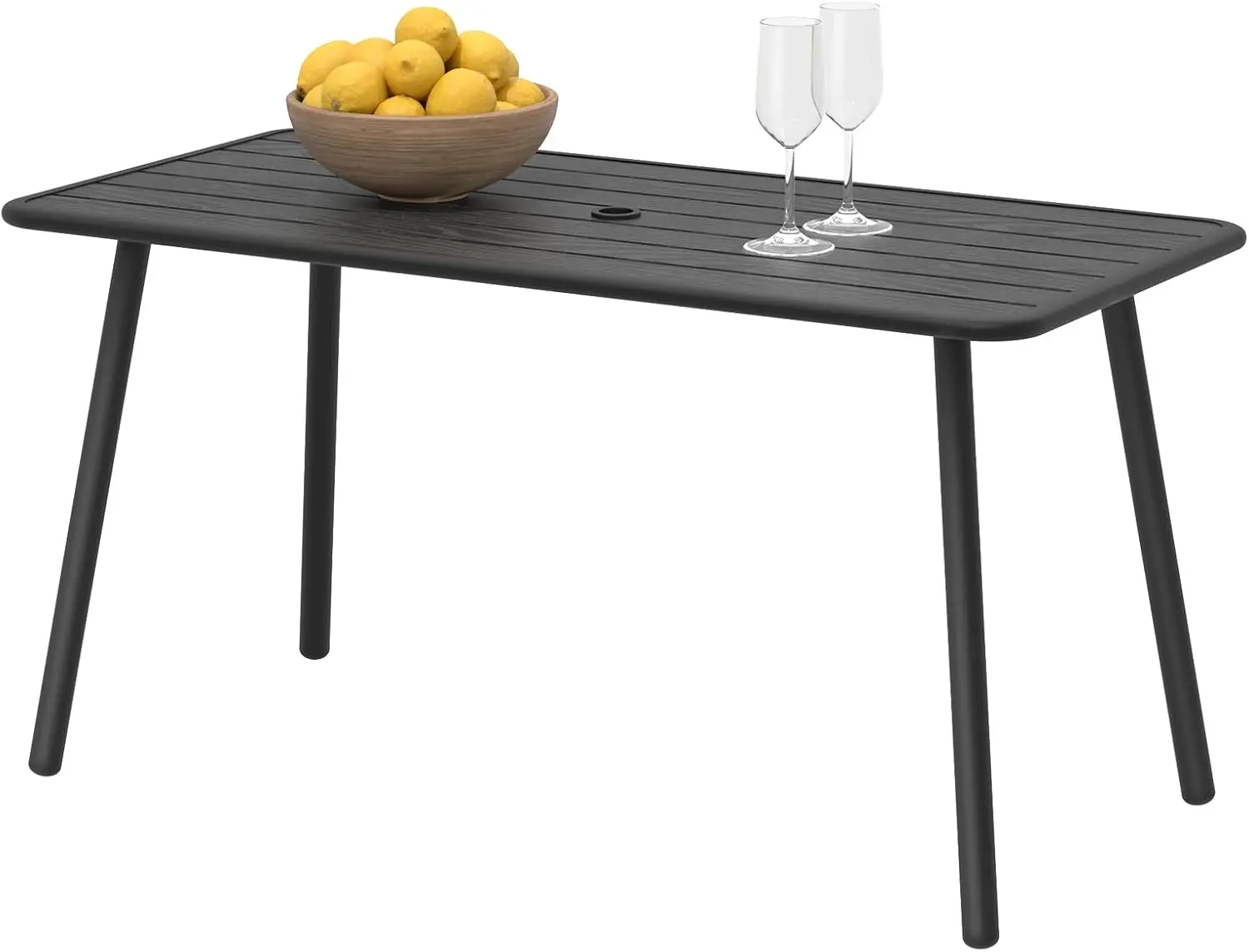 C-Hopetree Rectangle Metal Outdoor Dining Table with Umbrella Hole for Outside Patio, Black