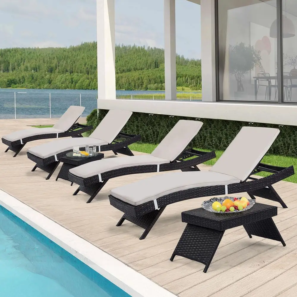 

Chaise Lounge Chairs Coffee Tables Set of 6 with Detachable Cushions, Pool Sunbathing Recliners PE Rattan Patio Loungers Wicker