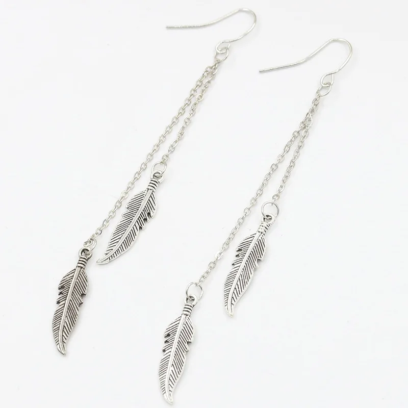 Vintage Feather Tassel Long Dangle Earrings for Women Fashion Silver Color Leaf Metal Drop Earrings Simple Statement Jewelry