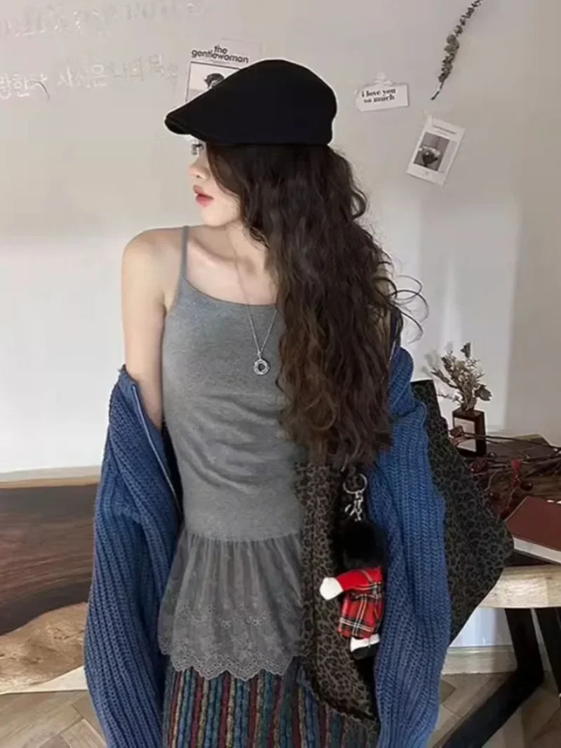 Lace Camisole Vintage Tank Tops Women Sleeveless Basic Patchwrok Camis Y2k Retro Tee Tops Streetwear Korean Style White Grey