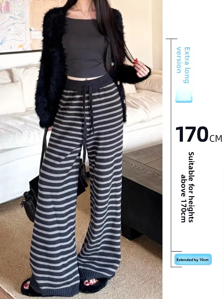 

Loose Knitted Wide Leg Striped Pants Women's Autumn Winter High Waist Drapey Casual Trousers Long Version Comfortable Fit