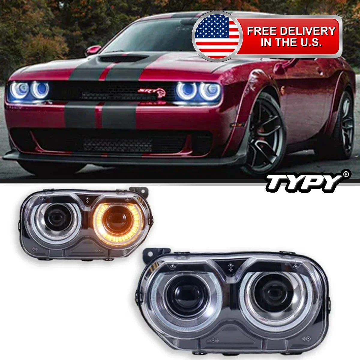 

Автомобильные фары TYPY для Dodge Challenger, фары 2015-2020, светодиодные фары для проектора, дневные ходовые огни, автомобильные аксессуары