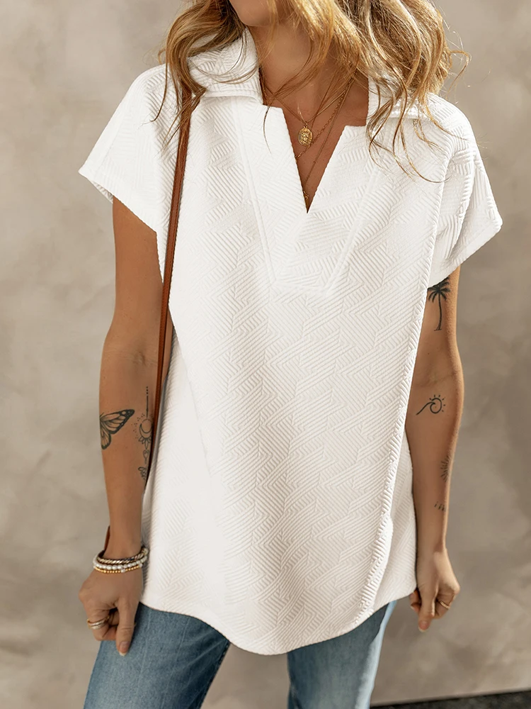 Shiying Pure Color Short Sleeve T-Shirt Women's Casual V-neck Split Hem Knitted Top Breathable Summer New Style Ladies' Fashion