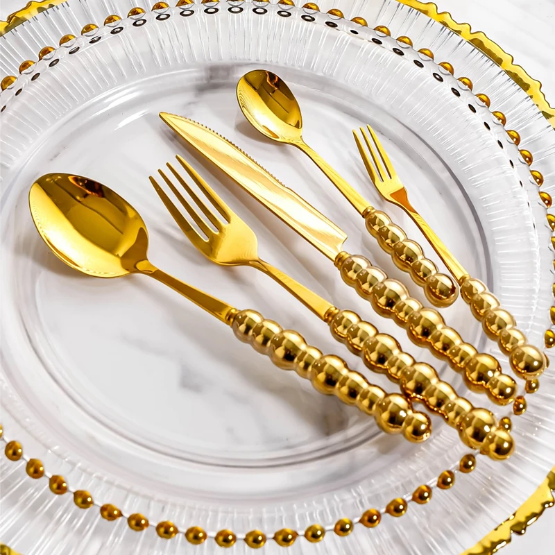Gold Pearl Cutlery Set Stainless Steel Flatware Western Set Knife Fork Spoon Dinnerware Tableware Set for Hotel Wedding Gift