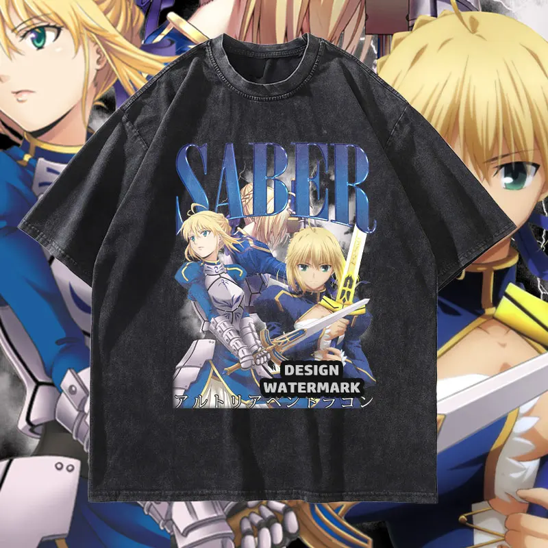 

Fate Stay Night винтажные потертые футболки аниме Saber Kotomine Kirei футболка манга DTG топы с принтом футболки для мужчин и девочек 100% хлопок