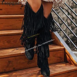 Knee High Black Fringe Decoration Cowboy Boots Thick Heel Shoes For Women Slip On Pointed Toe 2024 Fashion Zapatos Para Mujere