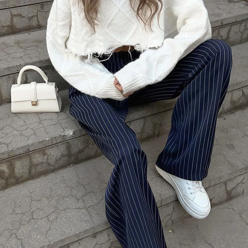 Blue Striped Pants Vintage Comfortable Casual Euro-America Style Autumn Fashion All-match Women Suit Pants