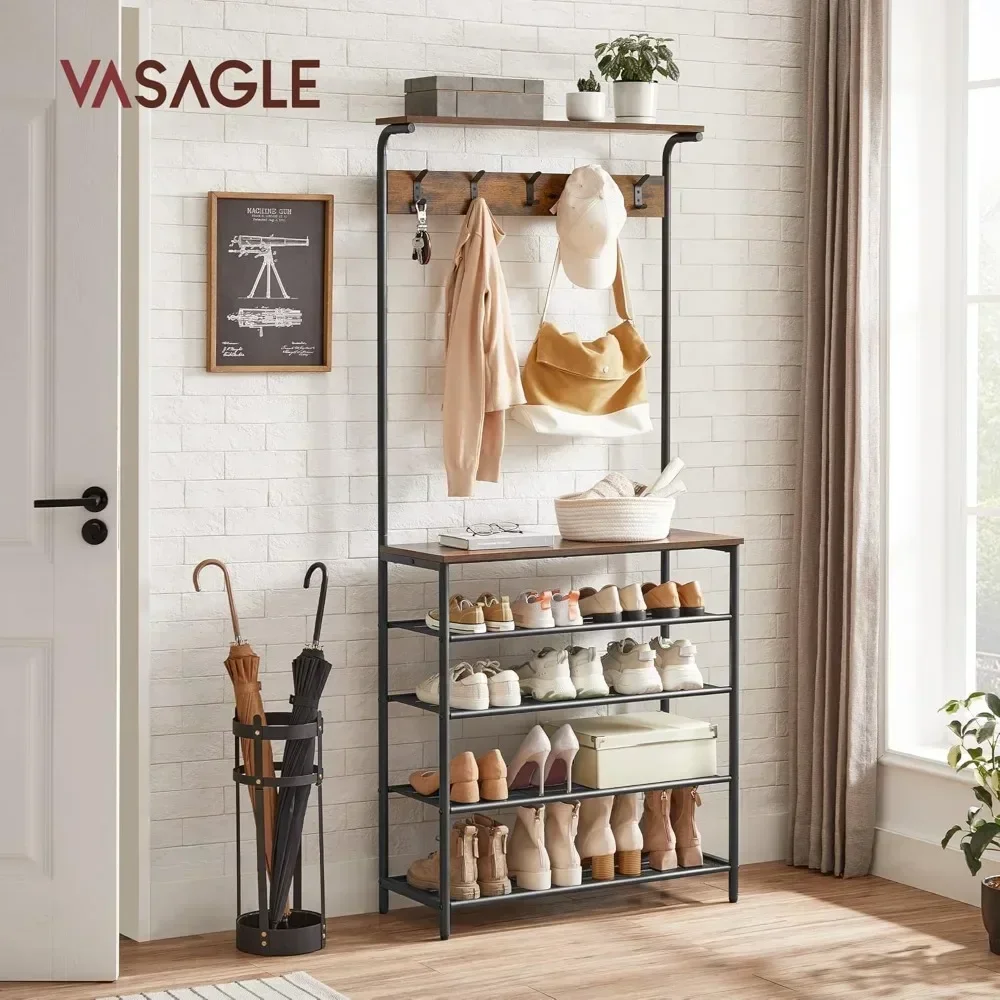 

Coat Rack Shoe Bench, 5-Tier Shoe Rack Different Heights, 5 Dual Hooks, Top Shelf, Entryway Organizer, Hallway Bedroom Dorm
